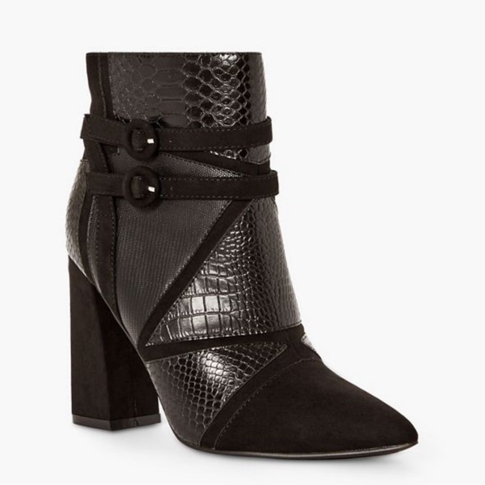 New Justfab black suede and fur leather heel booties with strep buckles.